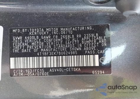 2011 Toyota Camry Se from USA, damaged, VIN 4T1BF3EK7BU624985
